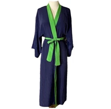 Natori Dark Blue Silky Crepe Keeps Mono Style Maxi Wrap Robe With Green Trim M