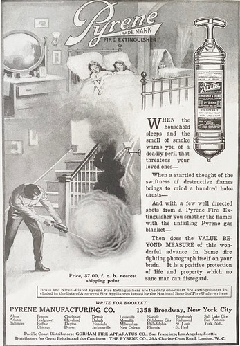 PYRENE EXTINGUISHER Dad Puts Out Fire Children Sleep Safe Vtg 1914 Art Print Ad - Picture 1 of 2
