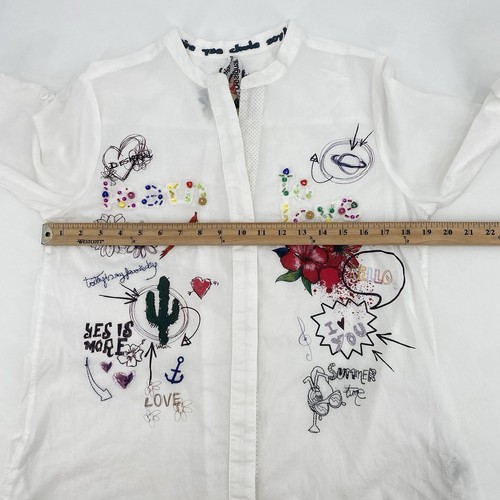 Camisa Desigual Blanca Algodón Cuentas Floral Abotonada Manga Larga Talla Grande - Imagen 18 de 20