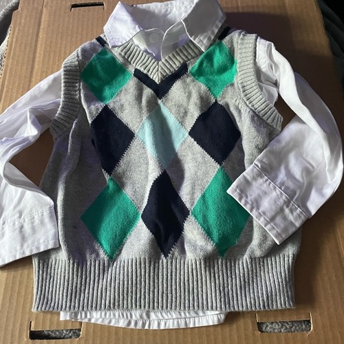 Boy, infant white button dress shirt with gray vest, special edition -18month