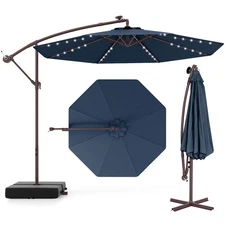 Patio 10FT Hanging Offset Umbrella 32 LED Lights Sand Bag Outdoor Cross Base