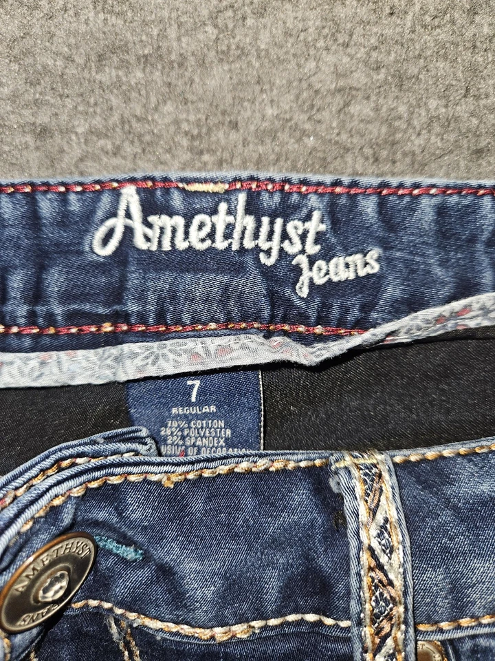 Amethyst Jeans Juniors 7 Blue Dark Wash Bootcut Stretch Embroidered Pockets - Image 2 of 4