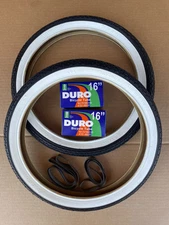 DURO Bicycle TIRES TUBES 16" x 1.75" Black/White Wall Slick Brick Lowrider BMX