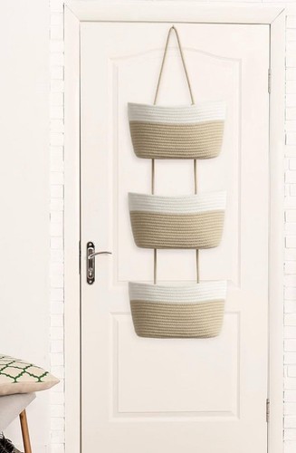 Over The Door Hanging Basket 3tier Woven Cotton Wallmounted Storage Organizer - Picture 5 of 8