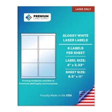 Glossy White Sticker Labels – 4" x 3.33" – (6 per Sheet) (Glossy White for La...