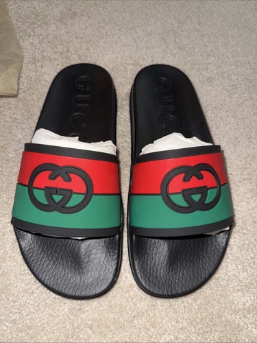 GUCCI HERREN ORIGINAL SCHWARZ/ROT/GRÜN LEDER GUMMI SLIDE US GRÖSSE 7