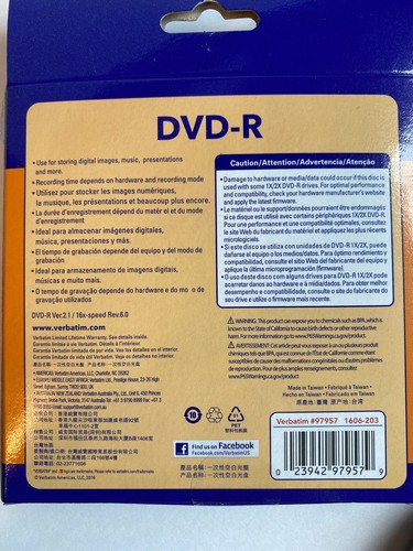 Verbatim DVD-R 5 Boxes of 10 (50 Total) 4.7GB 16x 120 min Recordable Disc NEW - Picture 2 of 3