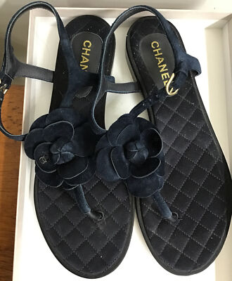 Chanel Sandal Navy Flat With Suede Camilla Flower Quilt Satin