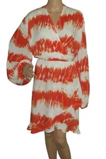 FTF Plus Size 3X Orange & White Tie Dye Wrap Dress With V-Neckline Long Sleeves