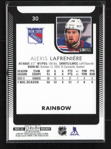 2021-22 O-Pee-Chee Platinum #30 Alexis Lafreniere Rainbow New York Rangers (T) - Picture 2 of 2
