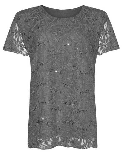 Women Scoop Neck Lace Sequin Lined Floral Pattern T-Shirt Ladies Blouse Top - Picture 7 of 12