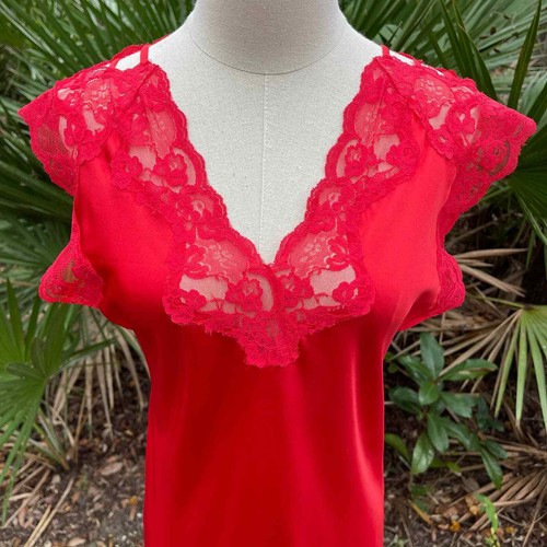 Vintage 80er rot Satin Maxi Nachthemd Dessous ärmellos Barad und Co Gr. P - Bild 2 von 9