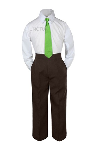Baby Toddler Kid Boys Wedding Formal 3pc Set White Shirt BROWN PANTS Necktie S-7 - Picture 14 of 26