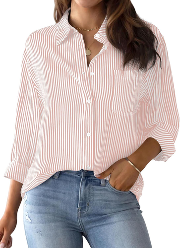 Womens Button down Shirts Striped Classic Long Sleeve Collared Office Work Blous - Picture 5 of 12