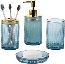 Blue Glass Bathroom Accessories Set w/ Soap Dish, Pump Dispenser, Tumbler Cup