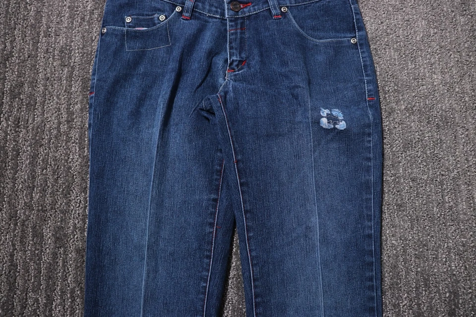 Pantalones de mezclilla Ecko rojos vintage Y2K de diseñador ropa de calle pierna de cigarrillo tiro bajo para mujer 7 Foto 3 de 4