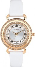 NEW TIMEX ROSE GOLD TONE,WHITE LEATHER BAND,CRYSTAL PAVE,ROMAN #'S WATCH T2P230