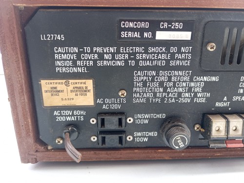 *MISSING CORD* CONCORD CR-250 AM FM STEREO RADIO RECEIVER VINTAGE WOOD 200W ^ - Picture 6 of 6