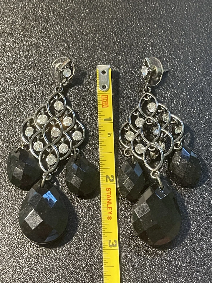 White House Black Market WHBM Earrings Chandelier Drop Black Bead Crystal 3" - Image 4 of 4