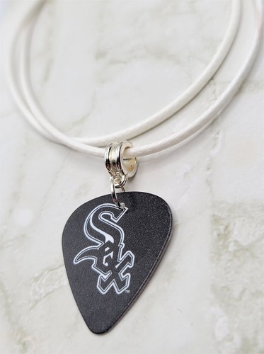 MLB Chicago White Sox "Sox" Guitar Pick Necklace on White Rolled Cord - Picture 1 of 2