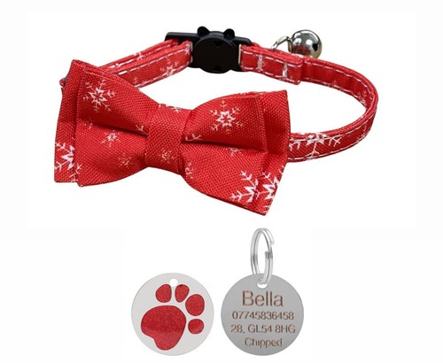 Festive Christmas Cat Kitten Collar with Bow Tie & Personalised 25mm Glitter Tag - Picture 6 of 30