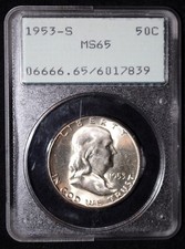 1953s USA - HALF DOLLAR .900 SILVER PCGS Certified MS65 - Franklin - Nice Coin