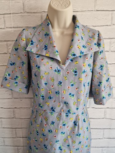 Vintage Midi Dress Grey Colourful Floral Size 10 Retro 70s 80s Large Collar - Picture 2 of 13