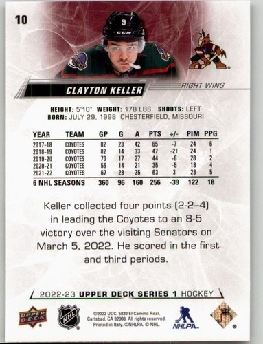 2022-23 Upper Deck Clayton Keller #10 Arizona Coyotes - Picture 2 of 2