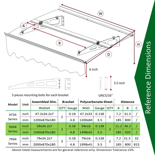 DA5934W Series Door Window Awning Canopy Made of 0.137 Inch Thick Crystal Solid - Picture 5 of 7