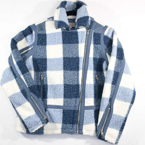 Laurie Felt Womens S Moto Jacket Blue Shearling Buffalo Check Zip Front Plaid - Picture 2 of 12