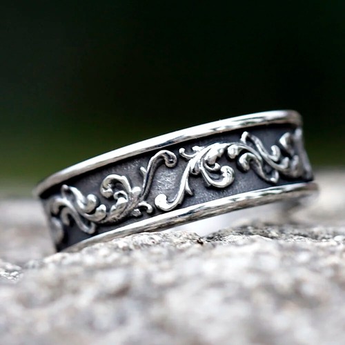 Gothic Leaf Pattern Ring Stainless Steel Viking Rock Soul Biker Punk Cool Ring - Picture 4 of 7