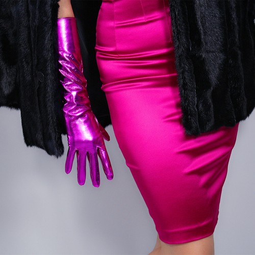 LATEX LONG GLOVES Shine Leather Faux Patent PU 24" 60cm Opera Fuchsia Rose Pink  - Picture 31 of 74