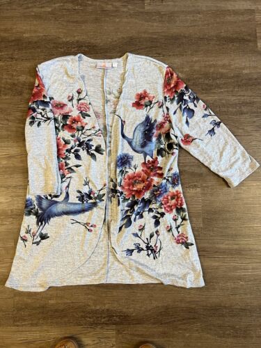 Quacker Factory Art To Wear Women Cardigan L Gray Floral Crane Bling Knit D43 - Picture 2 of 6