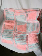 Baby Blanket, Crib or Carriage, Hand Knitted Pastel Pink  Green, 32" X 40", NEW