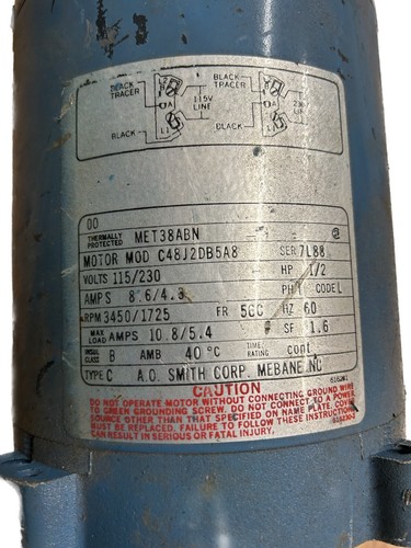 A.O.Smith Motor Model#C48J2DB5A8 - 1/2HP - 115/230V - 1725/3450 RPM - 1PH - Picture 2 of 3