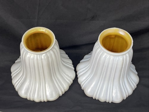 Set 2 Antique Signed Steuben Art Glass Shades Opal Calcite 2 1/4" Quezal Tiffany - Picture 3 of 22