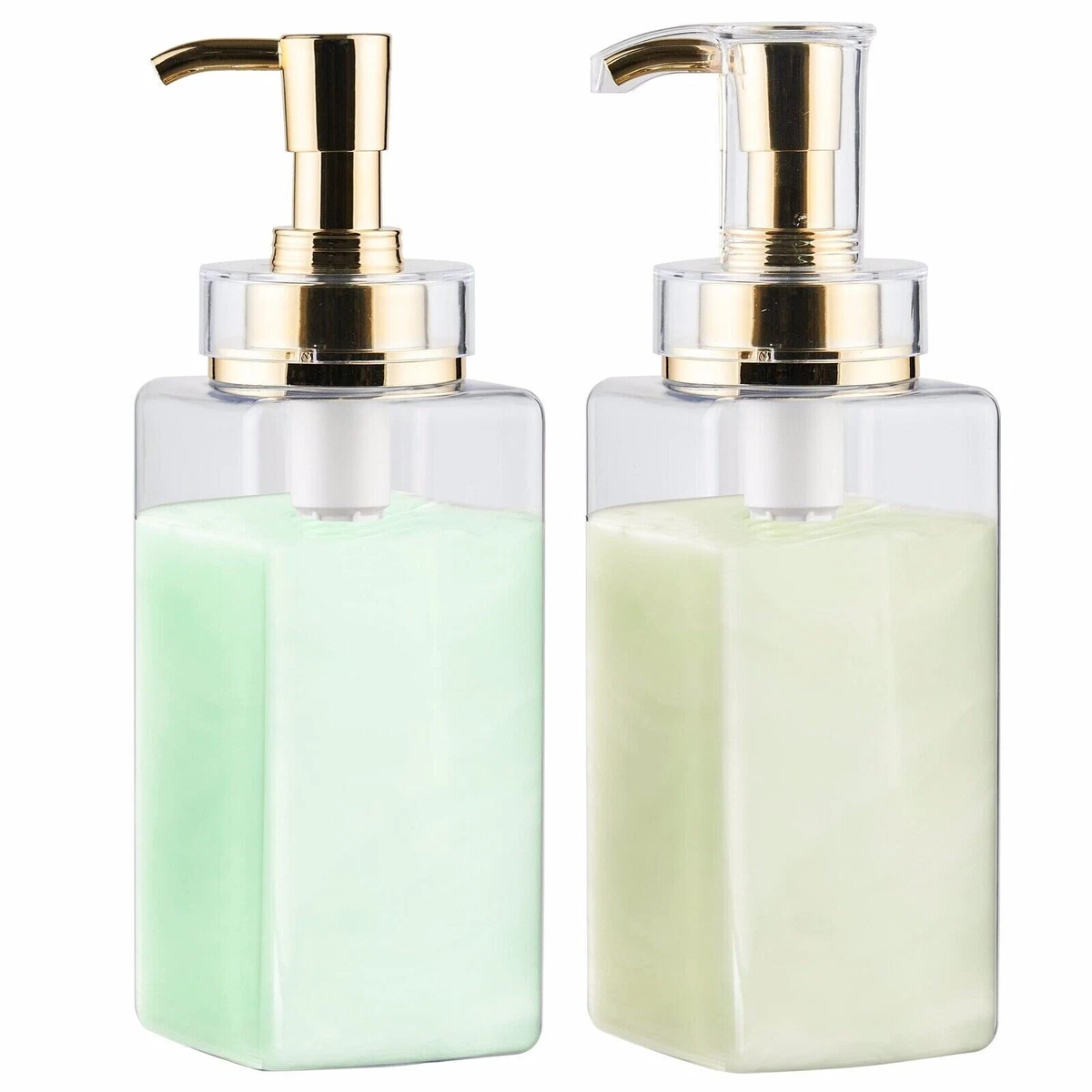 450ml Soap Dispensers Refillable Gold Pump Hand Lotion Clear Square Plastic x2pc