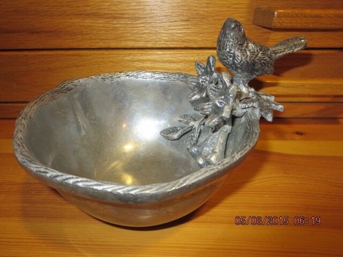 ELEGANT METAL BOWL WITH BIRD AND FLORAL ADORNMENT---#T5A-8 - Picture 10 of 24
