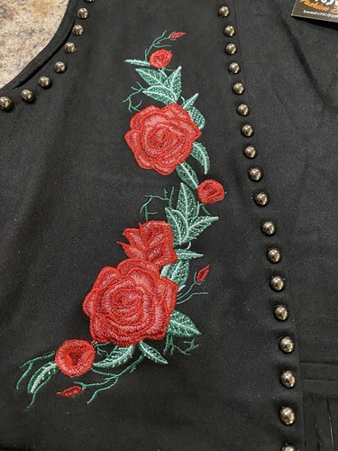 Size L Vocal Black Faux Suede Rose Embroidered Fringe Vest - Picture 3 of 7
