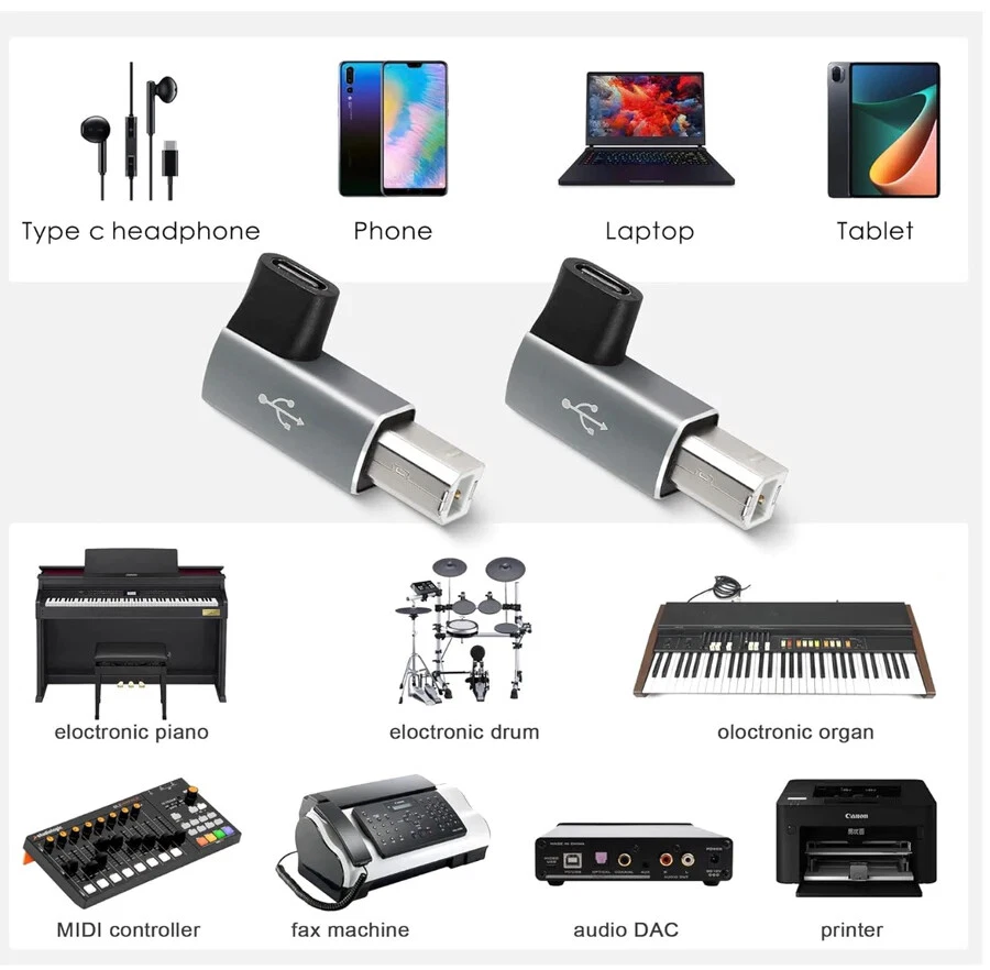 USB-C Female to USB-B 2.0 MIDI Angled Adapter Printer Connector - Image 2 of 4