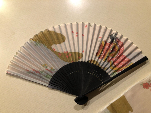 Japanese Handkerchief Hand Fan Gift Set Cherry Trees Kimono Girls in Meadow Silk - Picture 5 of 7