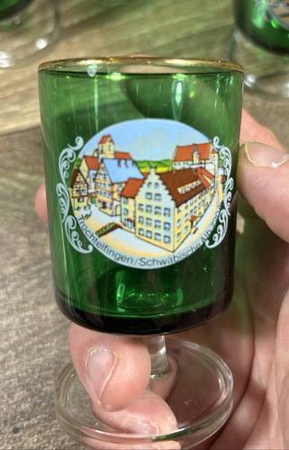 Trochtelfingen Germany Green Gold Lined Footed Shot Glass Set of 6 - Picture 2 of 5