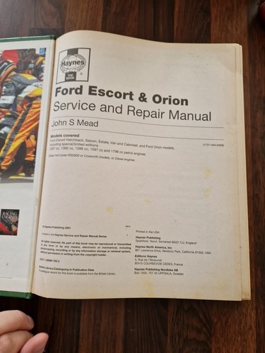 HAYNES FORD ESCORT & ORION - SERVICE AND REPAIR MANUAL (SEPT 1990 - 2000) - Picture 2 of 4