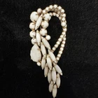 Vintage Milk Glass Leaf Brooch Gold Tone White Prong Set Figural Pin Large