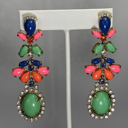 J.Crew Statement Drop Earrings Multicolor Neon Rhinestone Crystal Gold Tone EUC - Picture 2 of 12