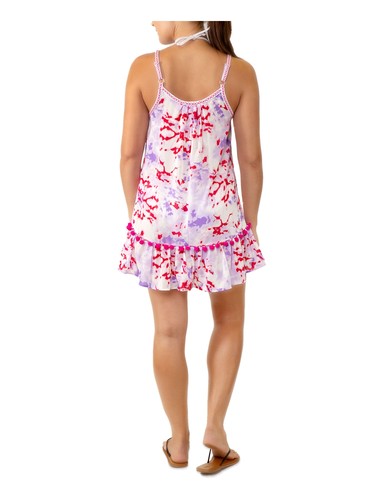 MIKEN Women's Pink Pom-Pom Accents Scoop Neckline Ruffled Swimsuit Cover Up S - Picture 2 of 6