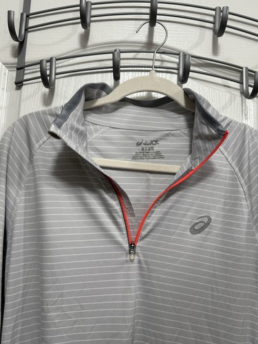 Asics Men's M 1/4 Zip Stripe Long Sleeve Pullover Track Jacket White/Gray EUC - Picture 7 of 18