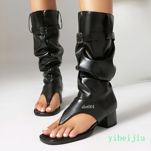 Womens Mid Calf Roman Gladiator Denim Boots Sandals Shoes Thongs Strap Belt - Picture 21 of 27