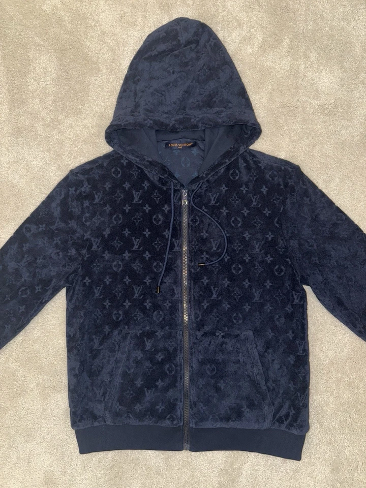 Louis Vuitton 男式深海军蓝连帽衫 Monogram 拉链法国毛圈 M 码 — 第 4/4 张图片