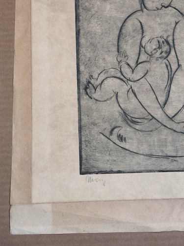 Estampe gravure vintage signée mère et enfant moderniste figuratif maternité art - Photo 4 sur 18